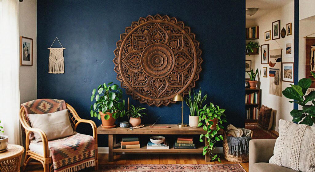  An intricately carved natural wood mandala panel mounted on a deep navy bohemian living room wall.