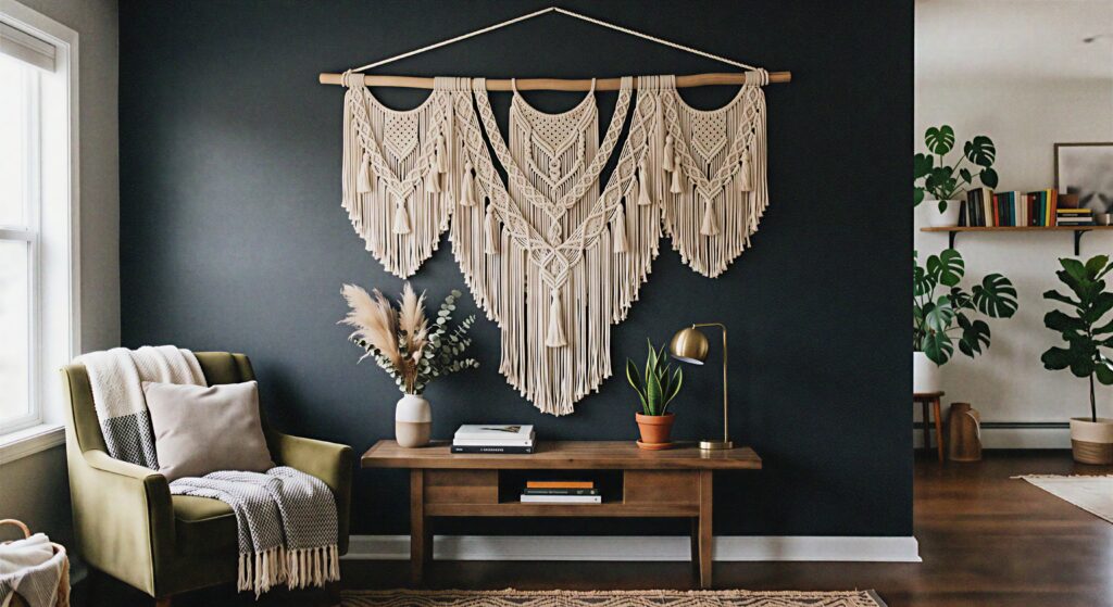 A large cream cotton macrame wall tapestry hanging proudly on a deep moody charcoal living room wall.