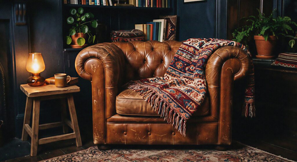  A vintage cognac leather armchair with a weathered patina styled with a boho throw blanket in a dark room. 