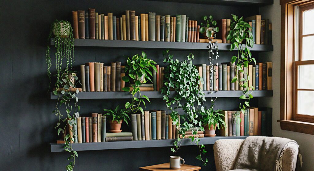 Floating shelves painted deep charcoal matching the wall, filled with old books and cascading green plants. 