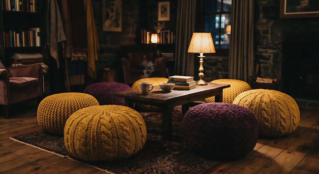 A collection of textured mustard and plum floor poufs arranged around a low coffee table in a dark room.