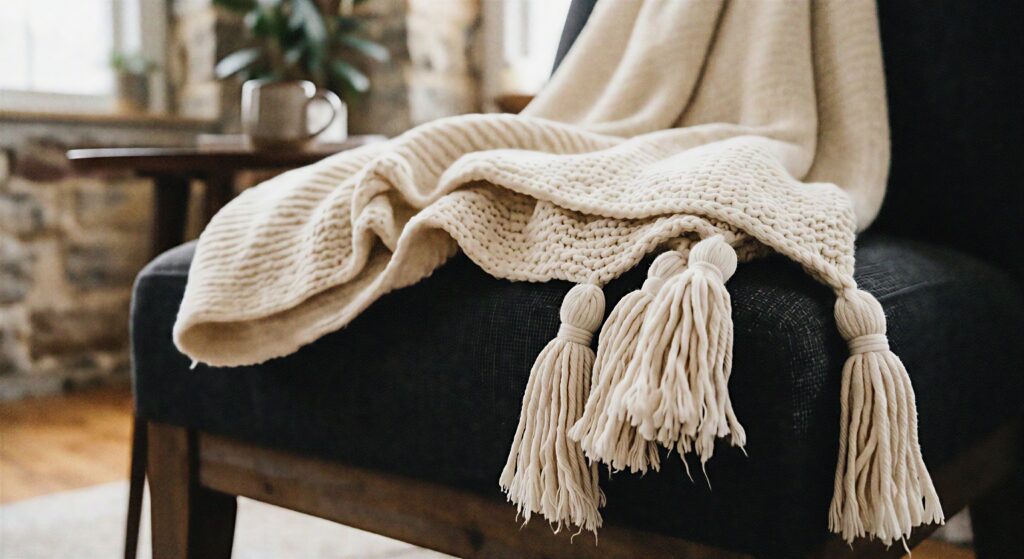  A close-up view of a heavy cream cotton throw blanket featuring large, chunky tassels on a dark chair.