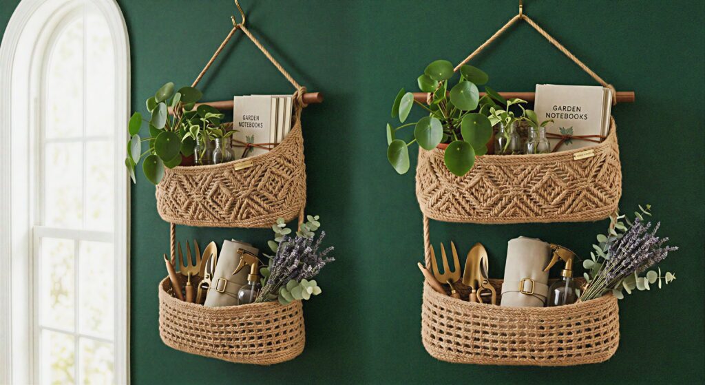 A three-tiered woven jute hanging basket system filled with small items against a deep forest green wall.