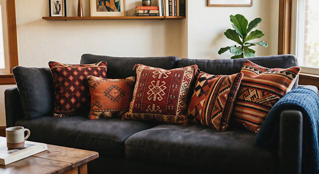  A collection of patterned geometric Kilim pillows in burnt orange and dark red tones arranged on a dark sofa.