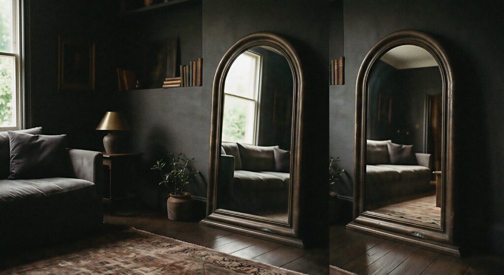  A large arched floor mirror with a weathered bronze frame reflecting light in a dark moody living room.