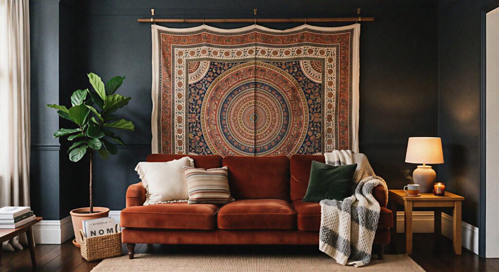 A massive patterned cotton fabric tapestry hanging on a deep charcoal wall above a cozy styled velvet sofa. 