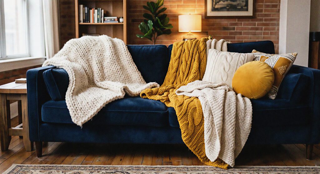 A dark velvet sofa draped with an assortment of chunky knit cream and mustard throw blankets.
