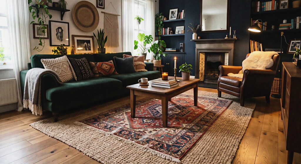 A cozy dark boho living room showcasing a printed distressed rug layered over a larger woven jute rug.