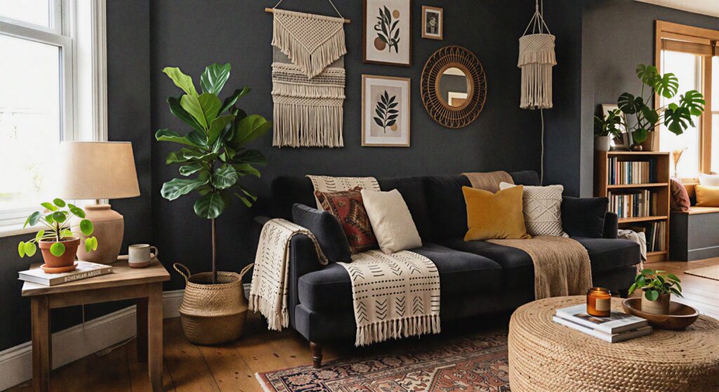  A deep charcoal gray living room featuring a plush dark velvet sofa against a matching matte wall with boho accents.