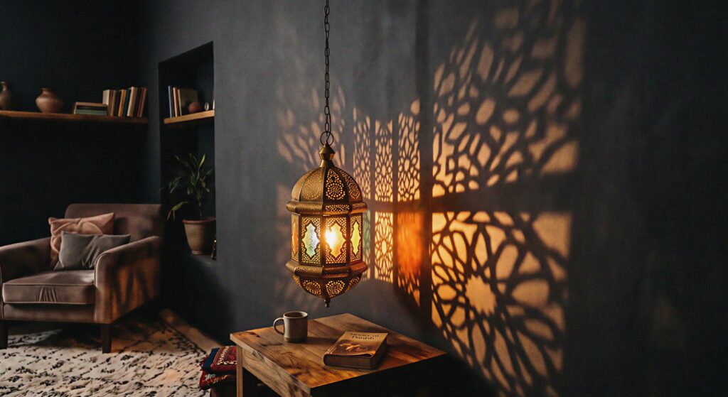 Intricate geometric shadows projected across a dark living room wall from a glowing brass Moroccan lantern.