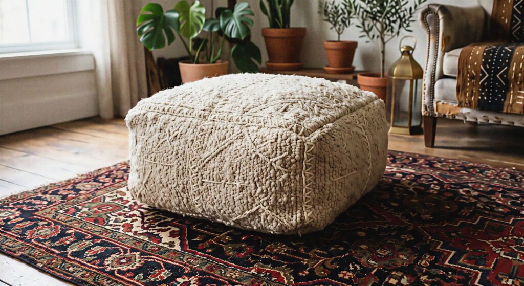 A thick textured wool Moroccan pouf with cream stitching sitting on a dark patterned rug.
