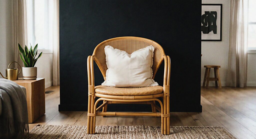 A natural honey-colored rattan accent chair styled with a cream pillow against a matte black wall.