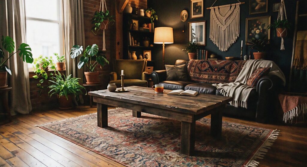 A rugged reclaimed wood coffee table sitting on a vintage rug in a moody dark boho living room.