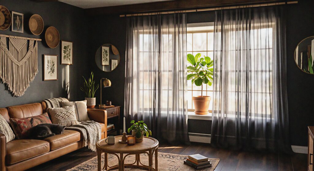 Soft sheer charcoal gray curtains hanging from the ceiling in a dark, sunlit boho living room. 