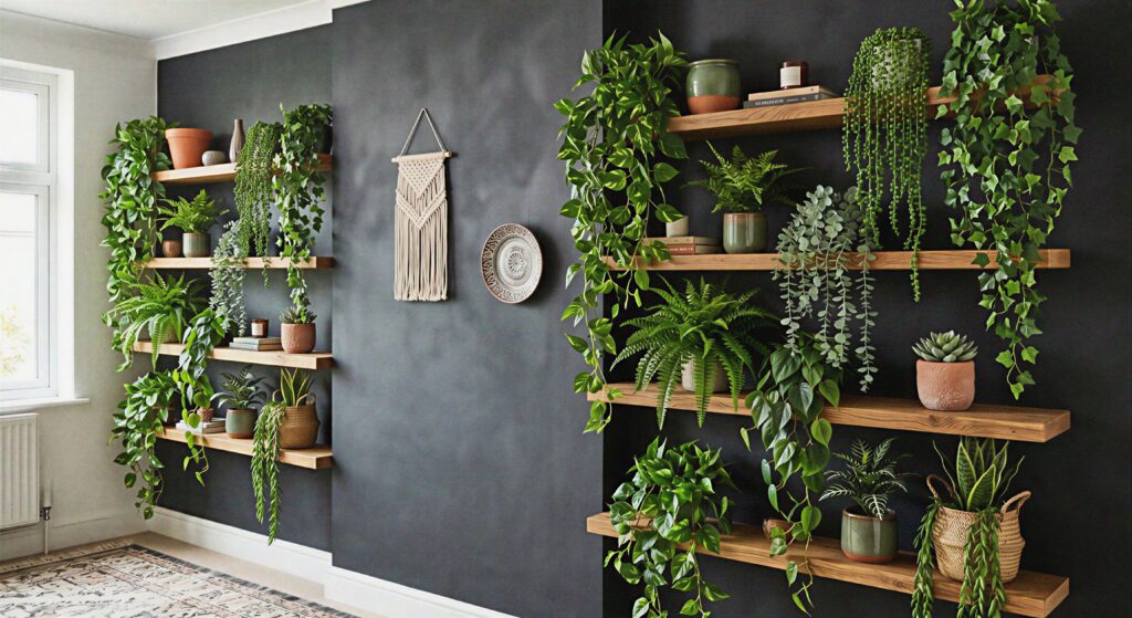 Faux trailing vines and green plants cascading down shelves against a dark dark boho wall. 