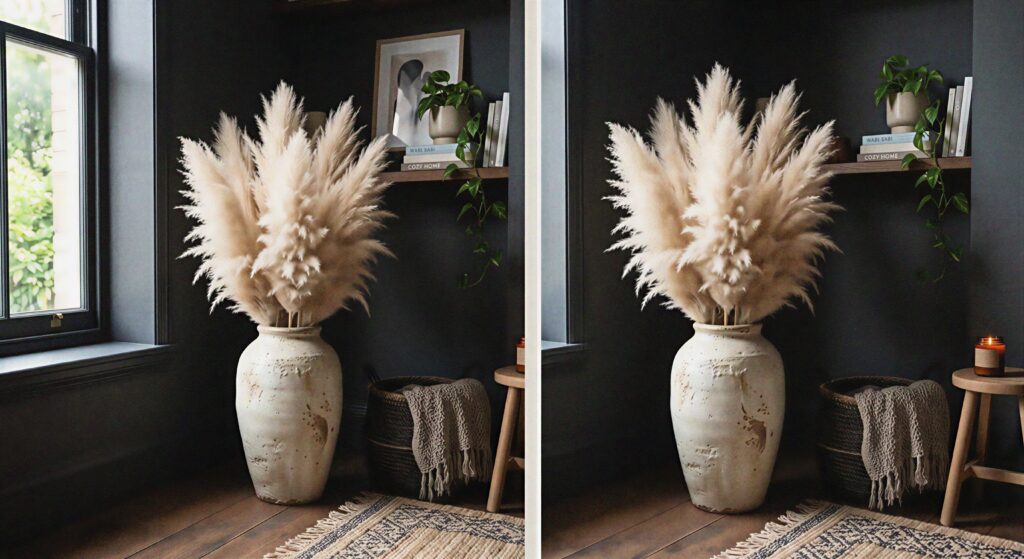 A tall textured ceramic vase filled with fluffy oatmeal-colored pampas grass plumes in a dark living room corner.