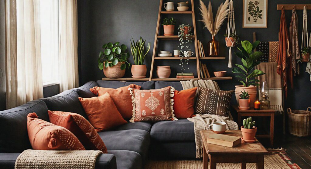  Earthy terracotta pots and burnt orange pillows accenting a dark moody boho living room corner.