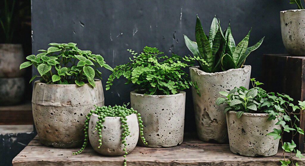 A cluster of rugged, pitted concrete plant pots holding lush green plants against a dark matte wall.