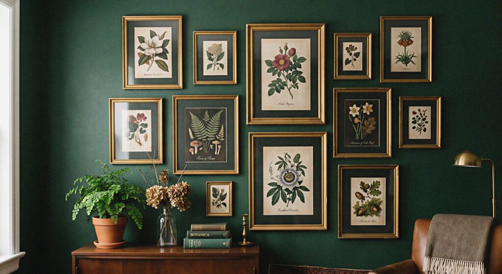  A curated arrangement of vintage moody botanical art prints in aged gold frames on a deep green wall.