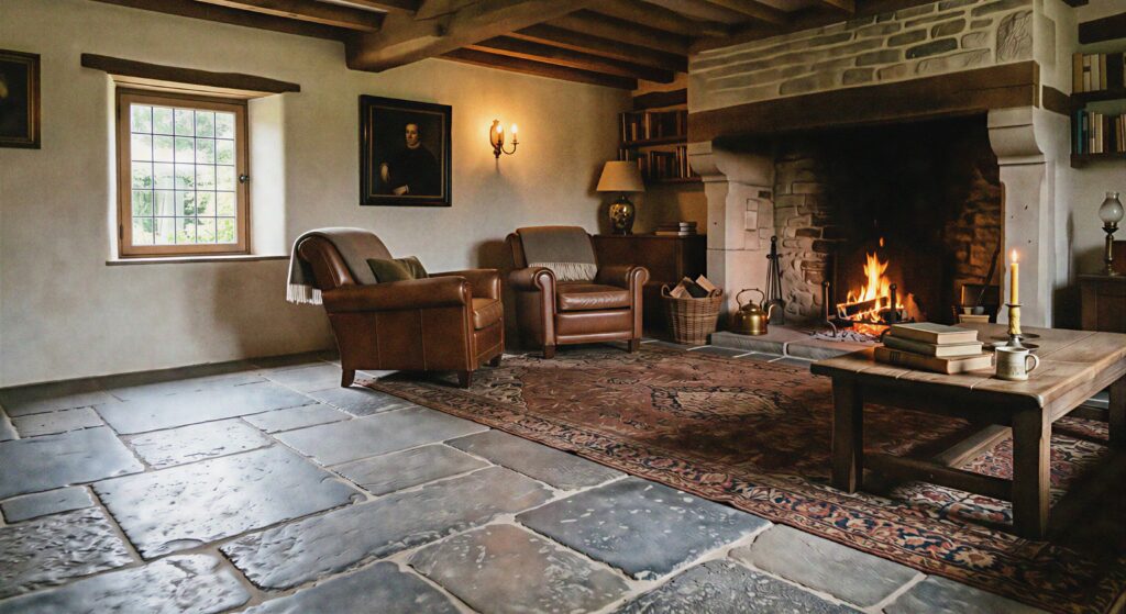 Historic style living room featuring authentic distressed Belgian bluestone flagstone flooring with hand-chiseled edges.