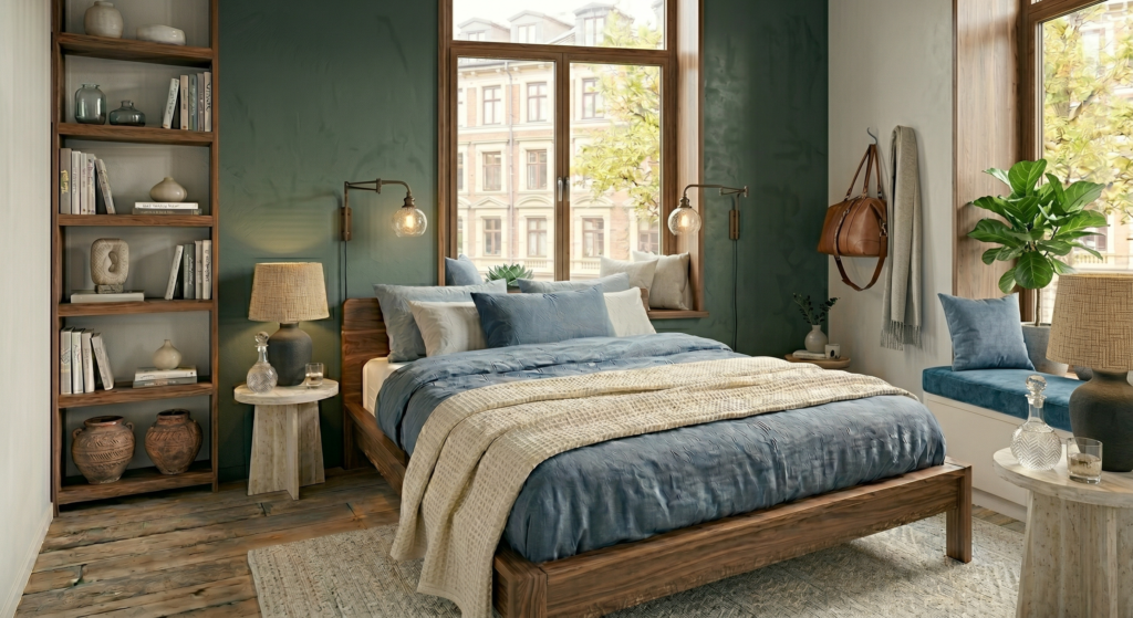  A white built-in window bench with blue cushions and hidden storage drawers.