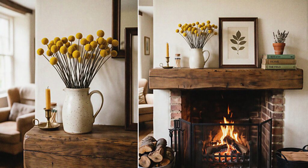 A ceramic pitcher filled with dried yellow craspedia billy ball flowers sitting on a fireplace mantlepiece.