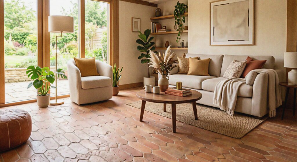  Warm contemporary living room featuring unique earthy ochre terracotta picket tile flooring with natural textures.