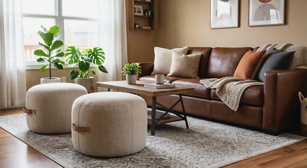 Two light beige fabric poufs sitting across from a large brown sofa.