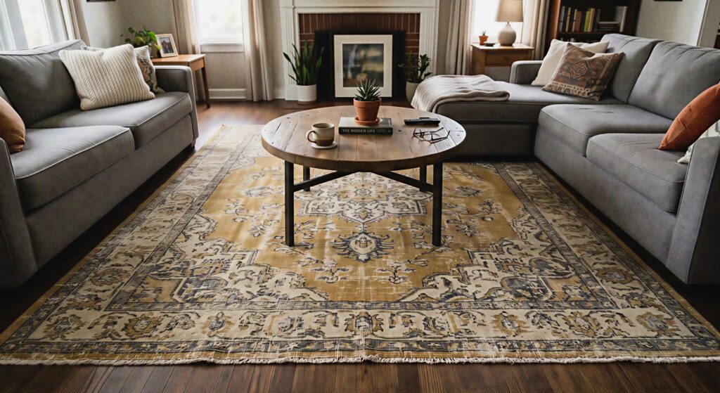 A large living room area rug with a distressed vintage pattern featuring muted mustard yellow tones under a coffee table.