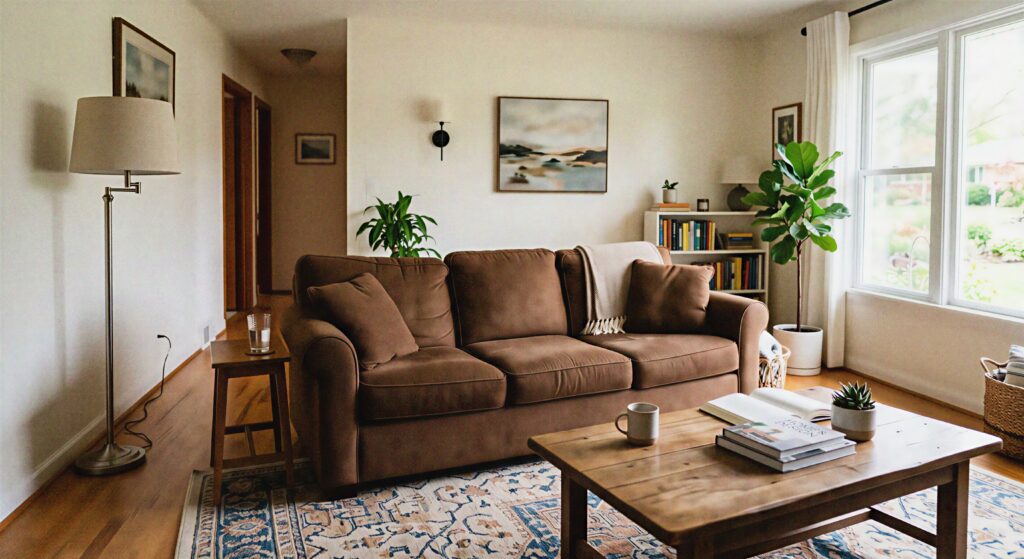 A brown couch pulled away from the wall with space behind it in a living room.