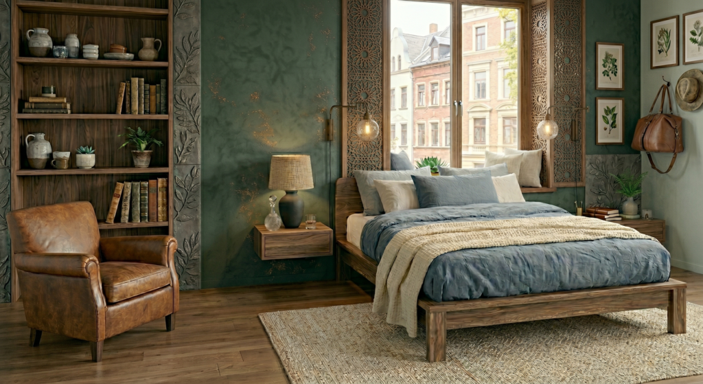 A wall-mounted oak floating nightstand next to a bed with a small lamp