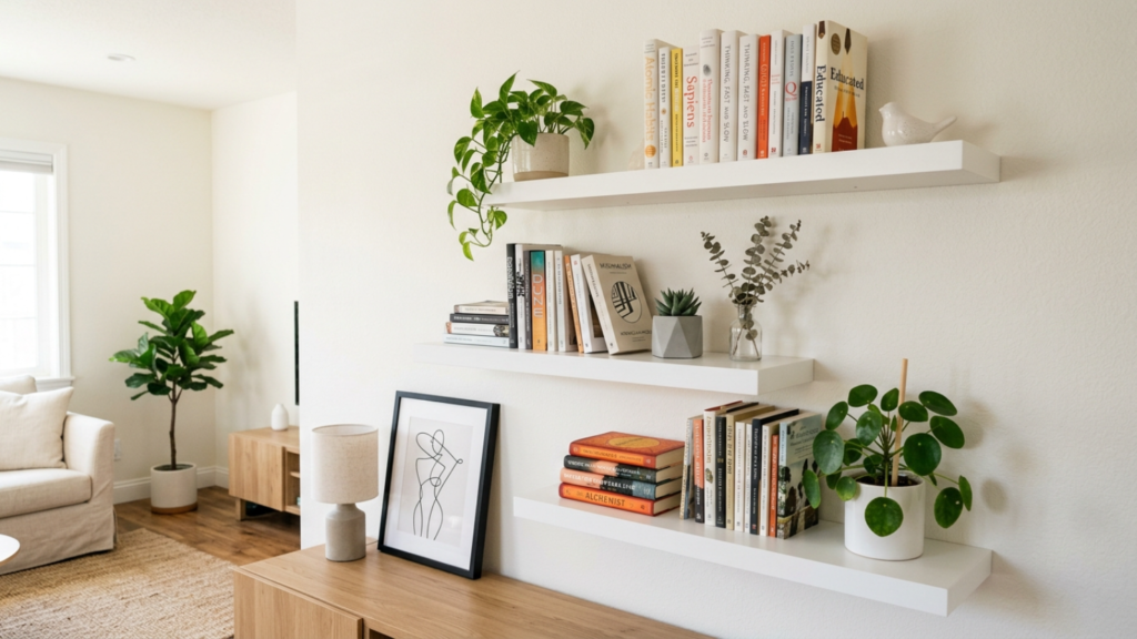 Minimalist white floating shelves holding books and small plants on a living room wall.