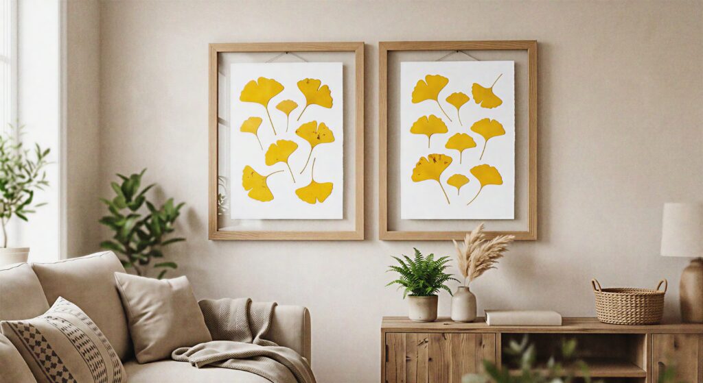 A pair of wooden frames on a living room wall displaying pressed yellow ginkgo leaves on a white background.