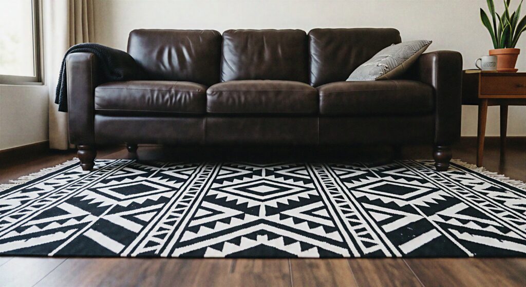 A black and white geometric pattern rug under a dark brown couch. 