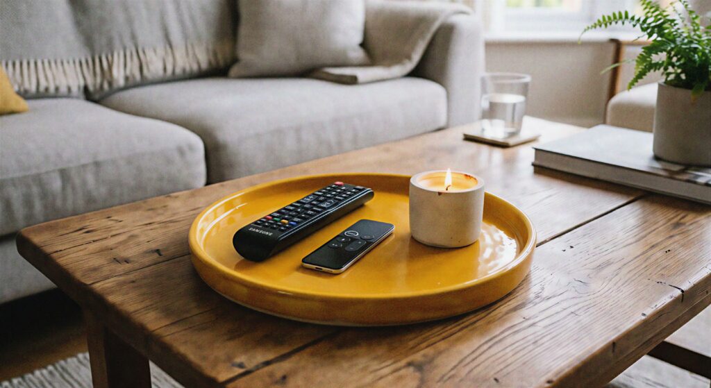 A round, glossy saffron yellow ceramic tray sitting on a wooden coffee table holding remotes and a small candle.