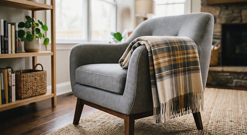 A cozy cream, grey, and gold yellow plaid throw blanket neatly folded and draped over a modern armchair.