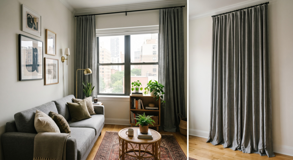 Floor-to-ceiling grey curtains hung near the ceiling to make walls look taller.