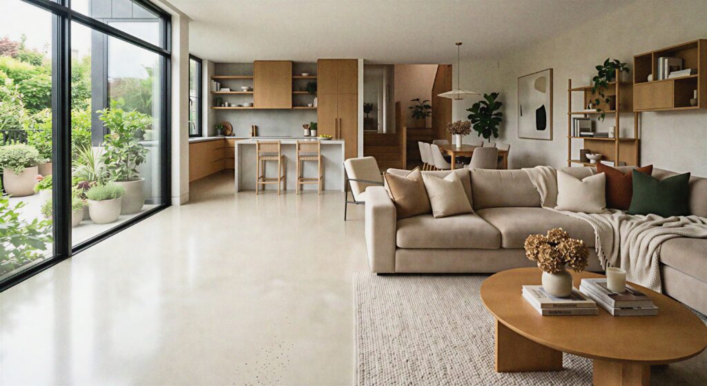  Elegant living room showcasing honey amber herringbone parquet wood flooring with classic architectural details.