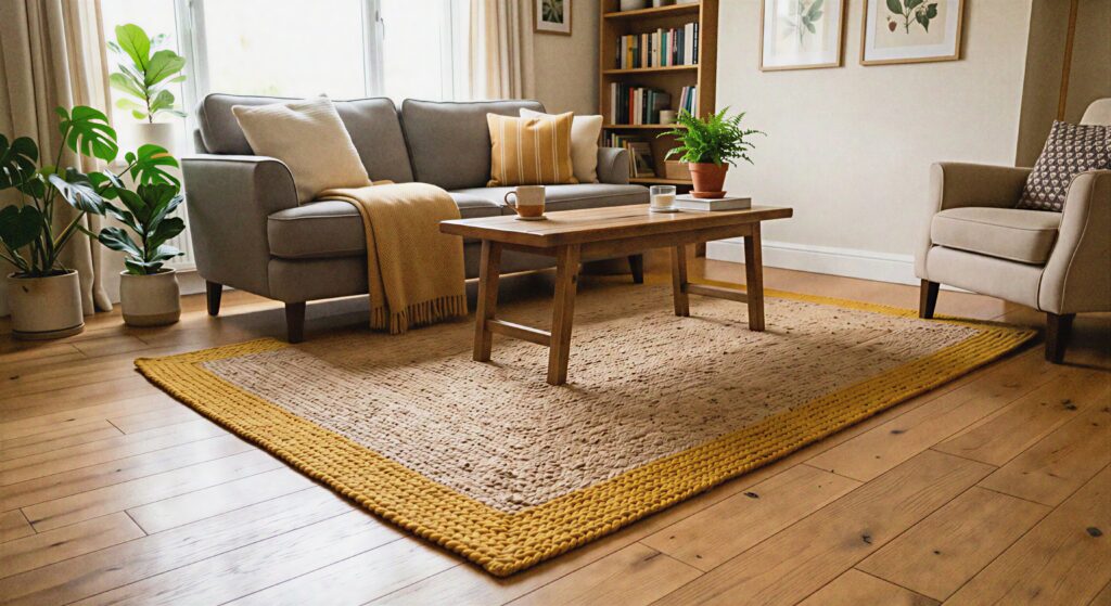 A natural tan jute area rug with a thick woven mustard yellow border lying on a living room floor.