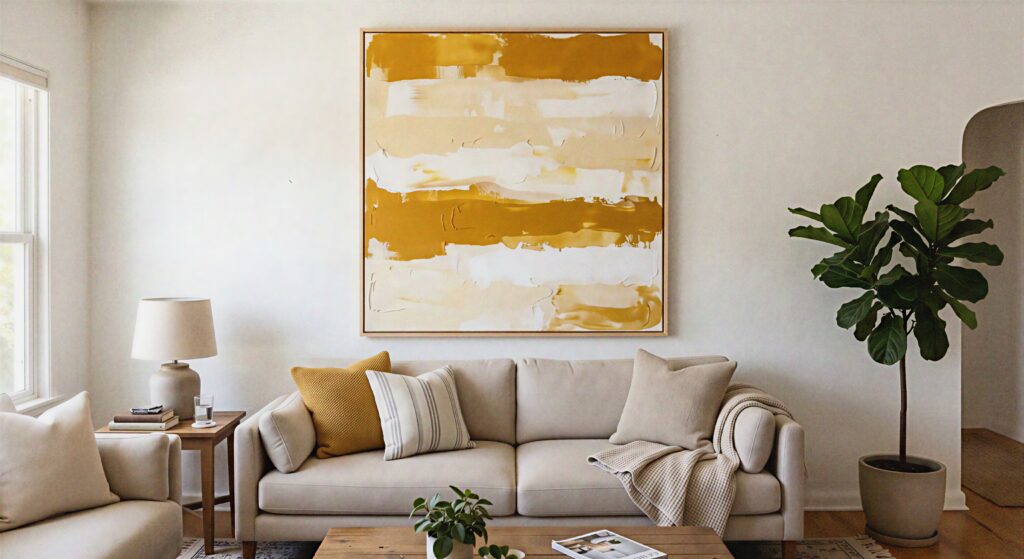 A large DIY canvas painting with abstract horizontal strokes of mustard yellow, white, and cream hanging above a couch.