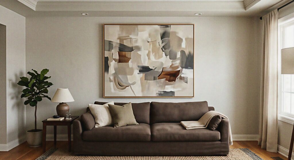 A large abstract painting with neutral tones hanging above a brown sofa.