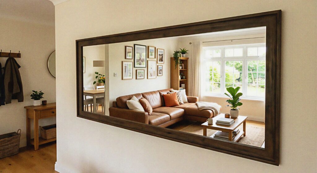 A large wall mirror reflecting a bright living room with a brown couch.