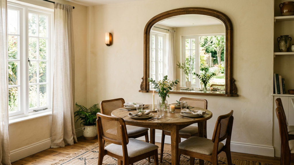 An oversized arched mirror reflecting a bright window in a small dining area.