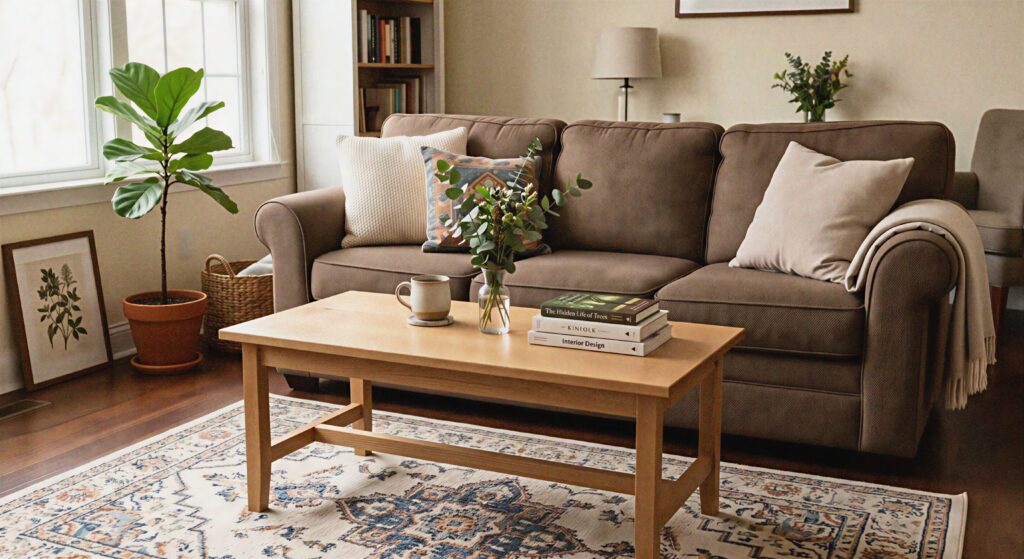 A light oak wood coffee table sitting in front of a brown fabric sofa.