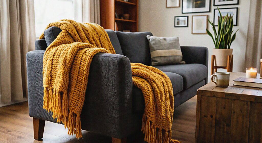 A chunky marigold yellow knit throw blanket draped over the arm of a dark charcoal gray sofa.