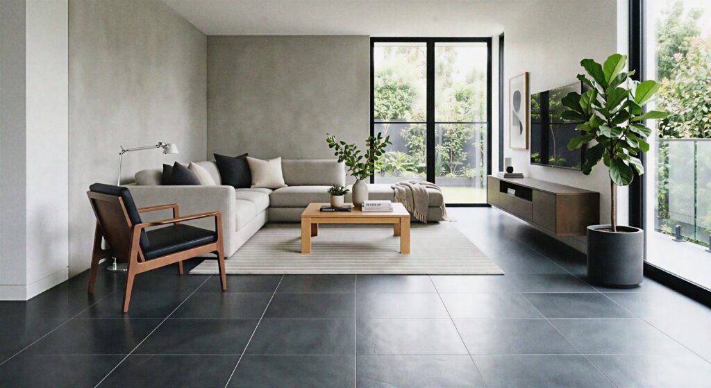 Modern living room with large format slate gray floor tiles and minimal contemporary furniture layout.