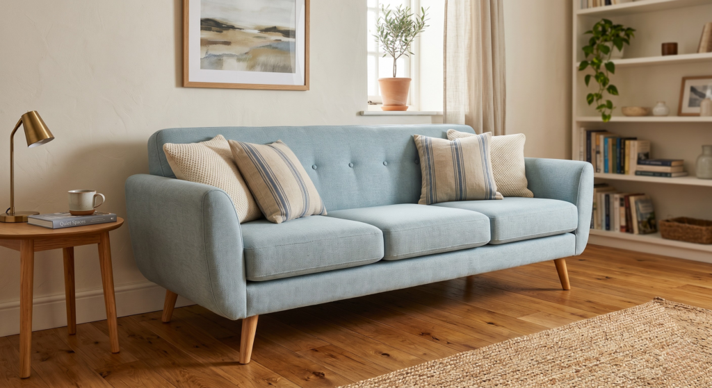 A light blue sofa with exposed wooden legs on an oak floor.