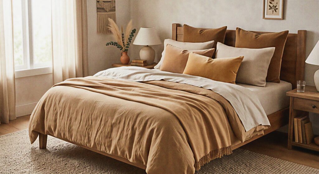  A bed with layered shades of tan, sandy beige, and camel-colored linen sheets and velvet throw pillows.