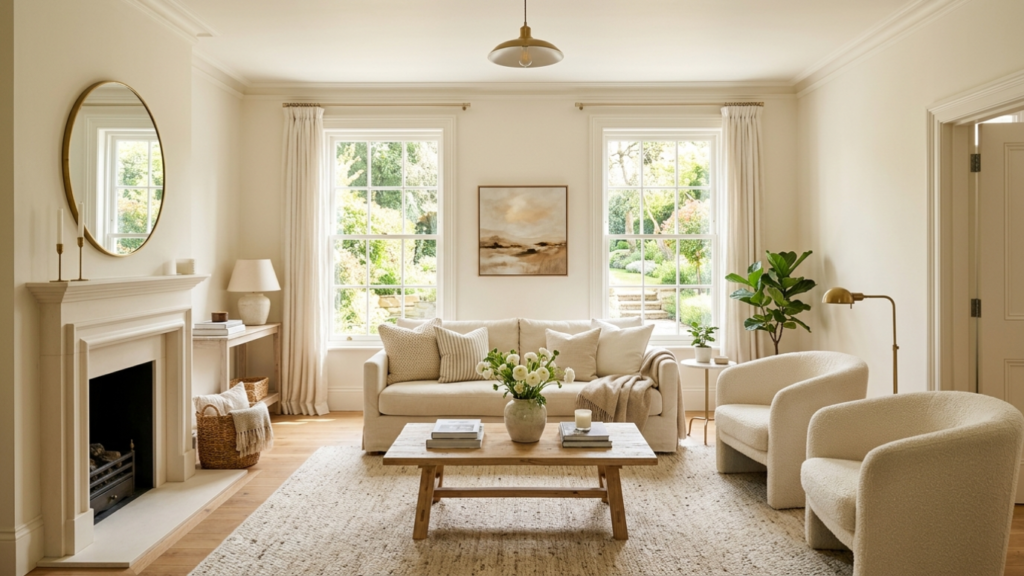 A bright living room where the walls and baseboards are painted the same soft off-white.