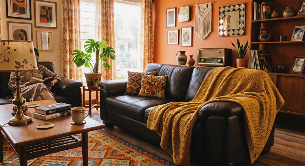 Mustard yellow throw blanket and retro decor around a dark brown couch.
